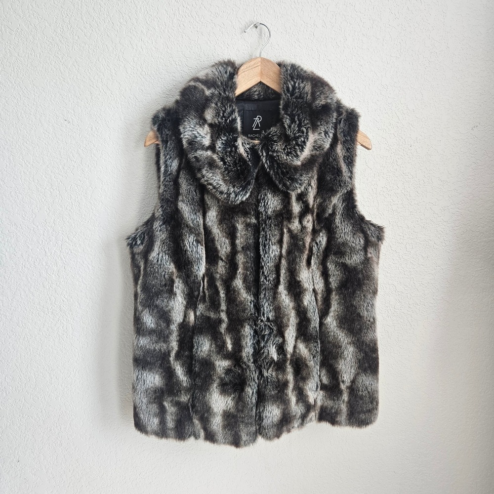 Rachel Zoe Grey Black Faux Fur Vest Small Animal Print Sleeveless Jacket